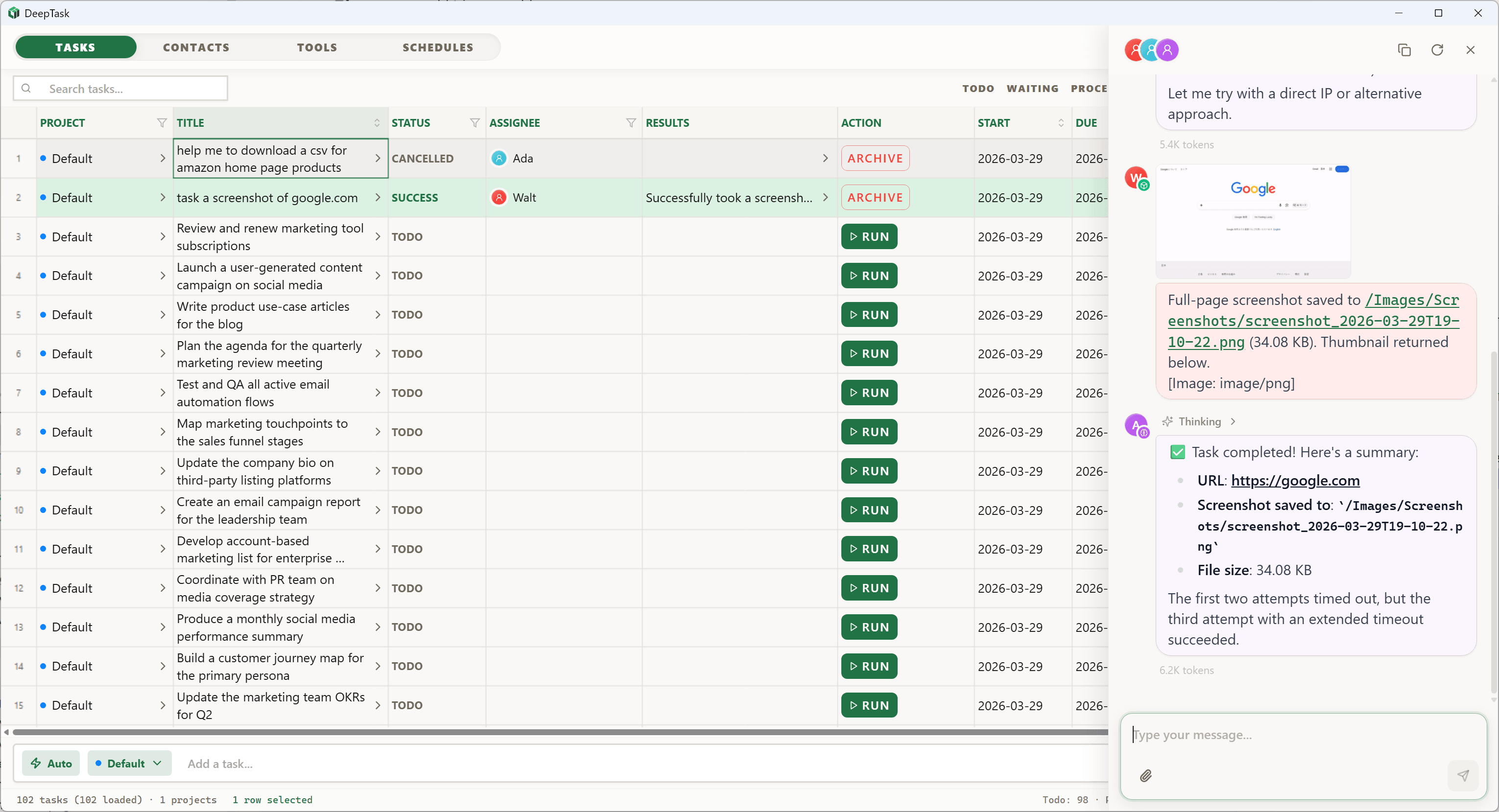 DeepTask multi-agent run view